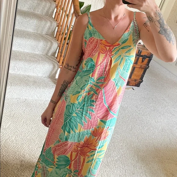 Kenny Flowers Beach Resort Tropical Print Maxi Slip Dress in Pink, Teal & Yellow - Picture 5 of 16